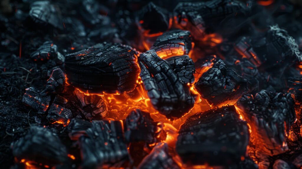 Žhavé černé uhlí v ohni, symbol poslední šichty a ukončení těžby černého uhlí v Česku.