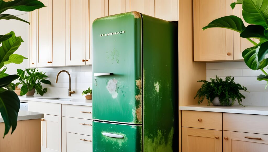 Starší zelená lednice v kuchyni