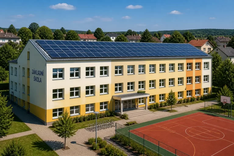 Letecký pohled na školní budovu se solárními panely na střeše